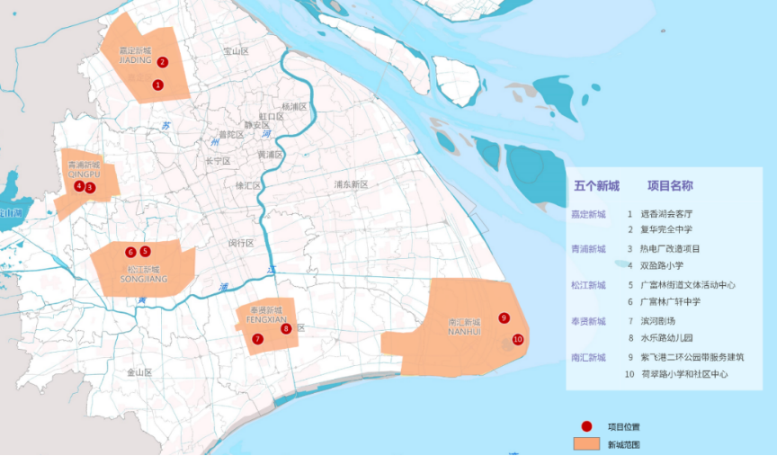 上海市五个新城十大公共建筑方案征集活动，各新城项目名称。来源：市规划资源局